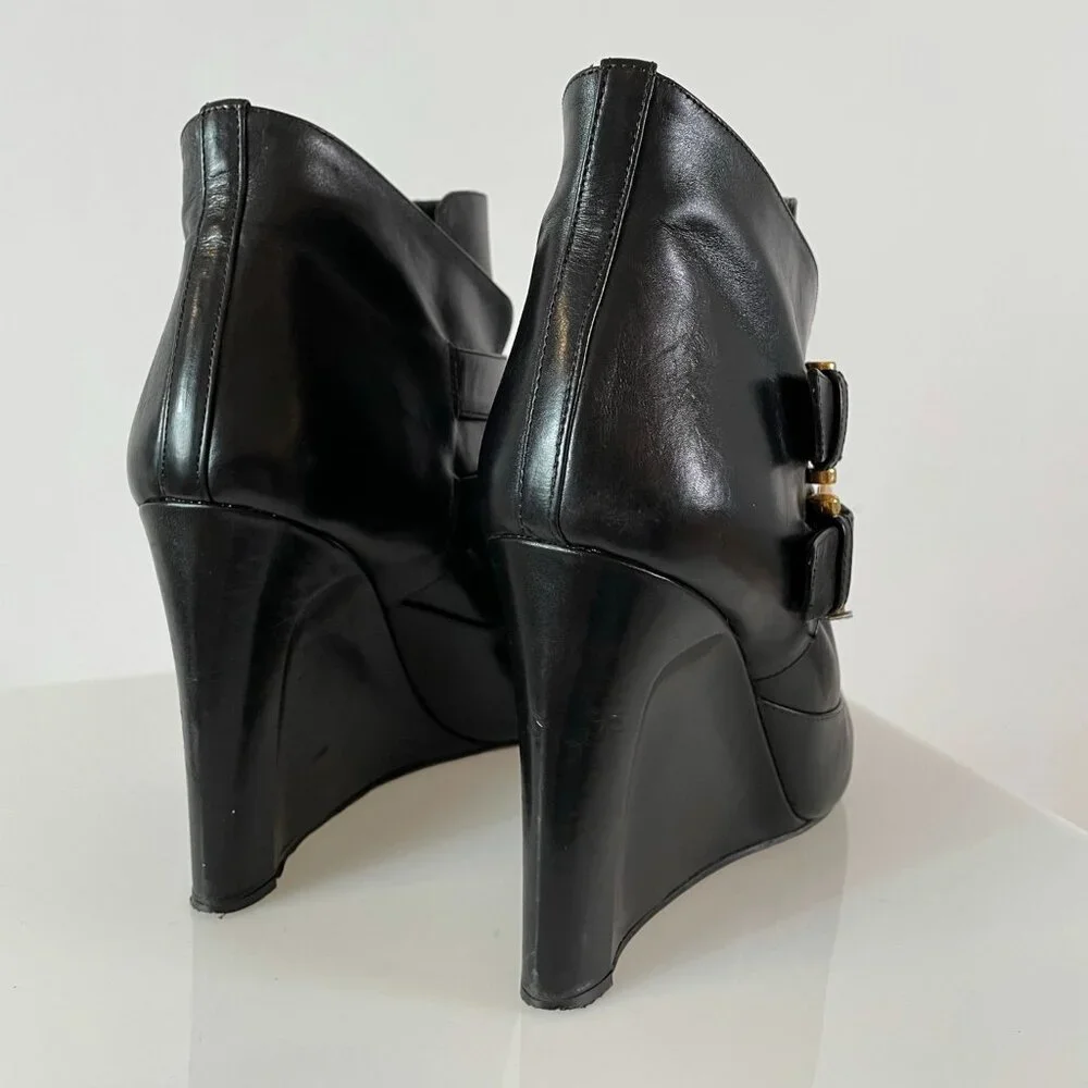 Minimalist | Derek Lam Black Leather Ankle Boot Wedge | Pointy Toe | Gold Buckle